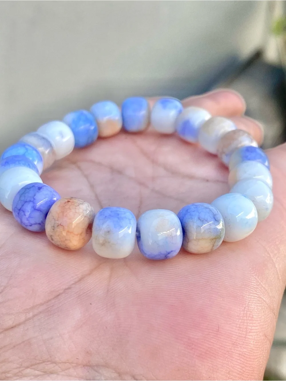 Blue and Cream Agate Beaded Bracelet